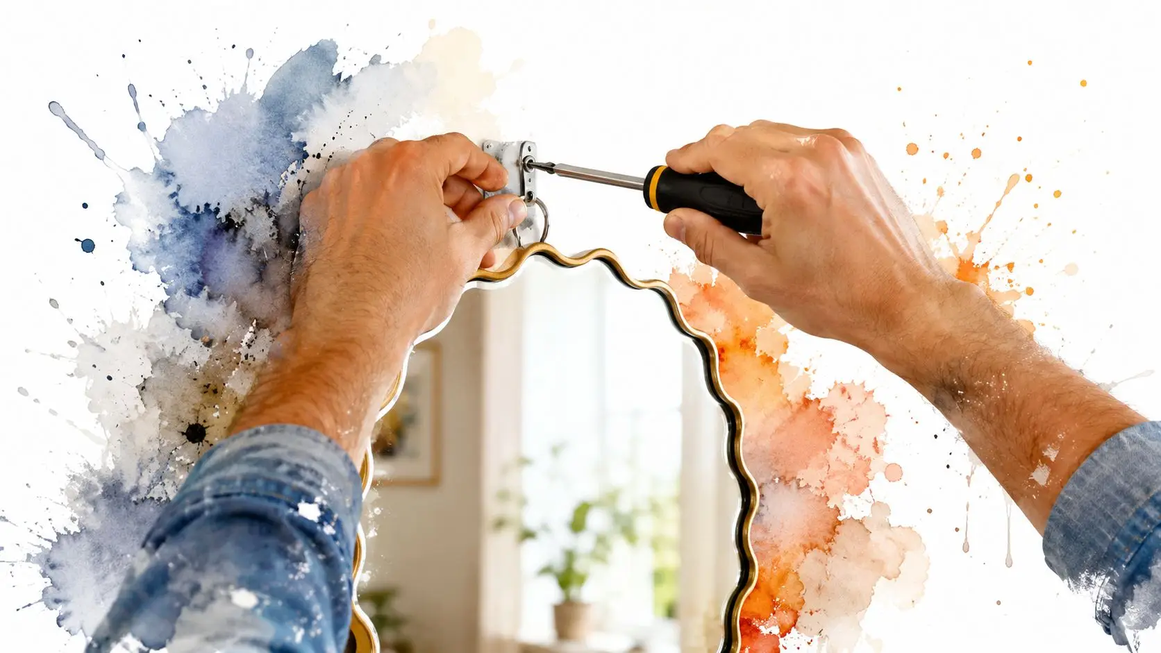 A pair of hands using a screwdriver to mount a round scalloped mirror onto a wall.