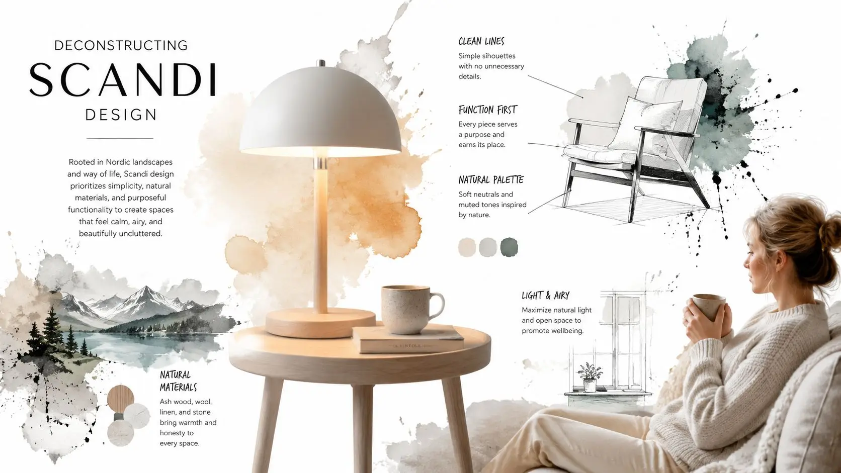 An infographic titled Deconstructing Scandi Design showing a wooden lamp, a sketch of a chair, and a woman.