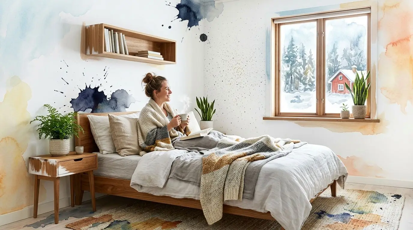 A woman relaxes in a cozy bed with a book and coffee inside a Scandinavian styled bedroom.