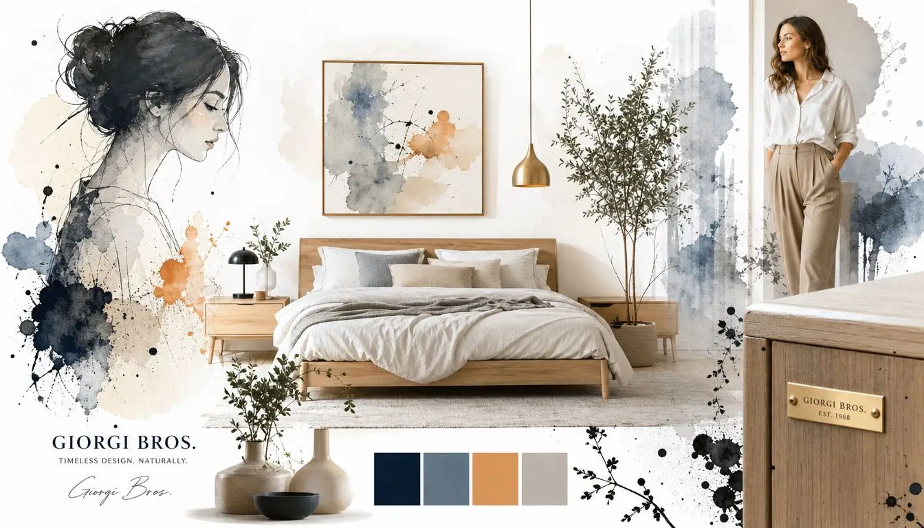A modern Scandinavian bedroom featuring warm wood furniture, neutral bedding, and artistic watercolor portraits and prints.