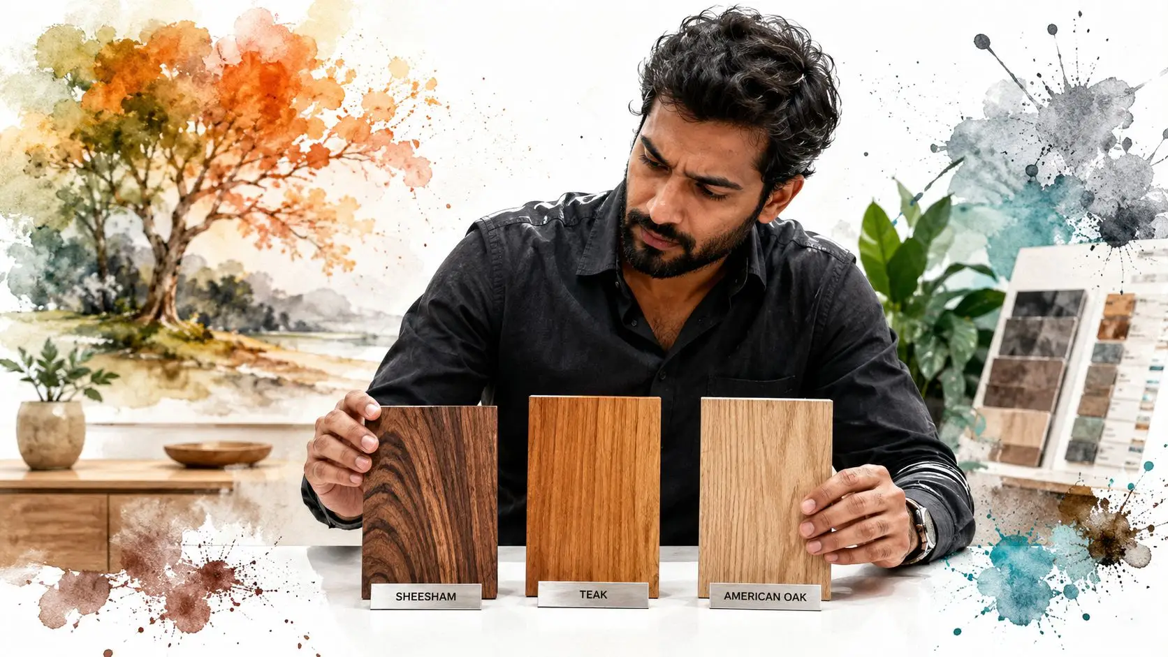 A man presenting wood samples labeled Sheesham, Teak, and American Oak on a table for furniture selection.