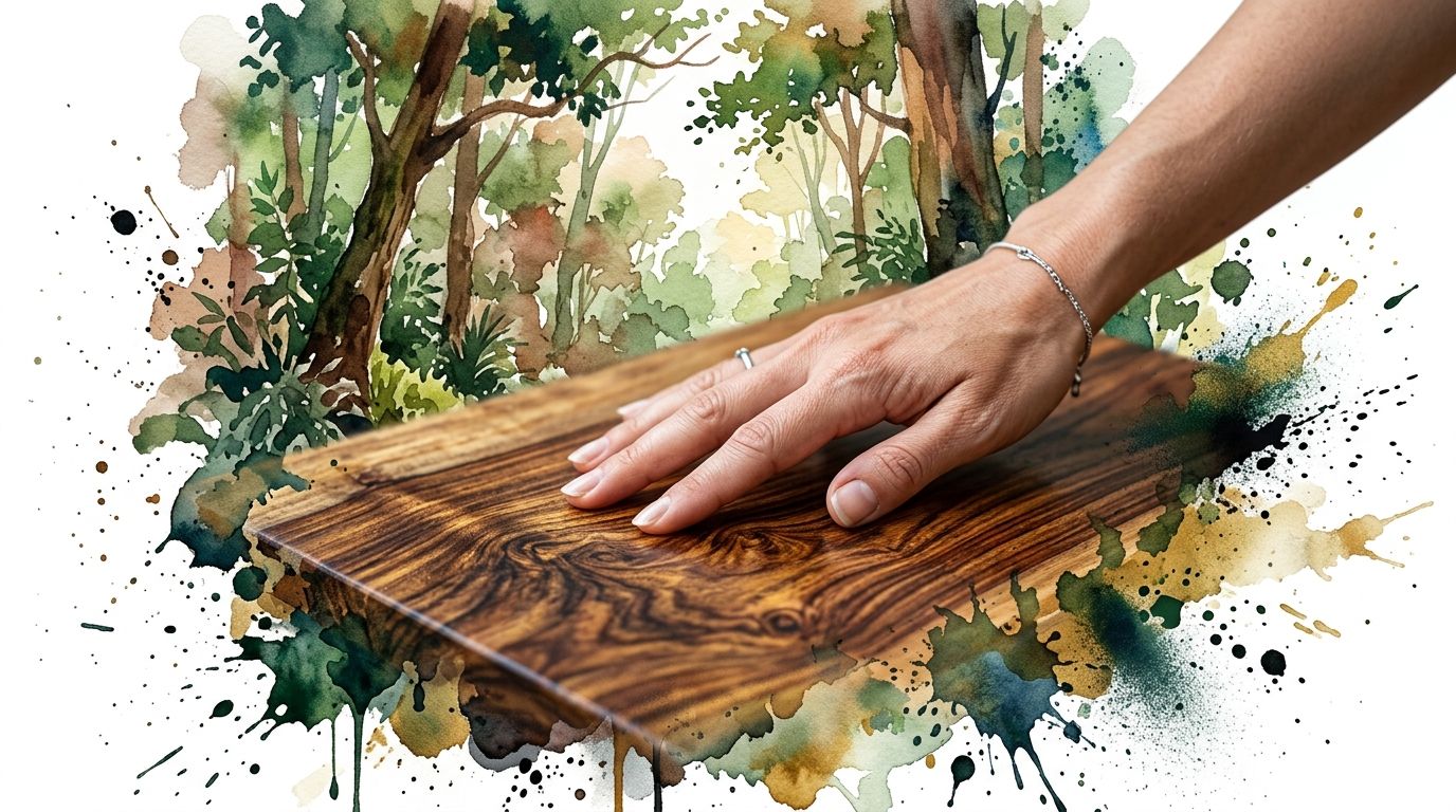 A hand rests on a smooth piece of sheesham wood with artistic watercolor forest background elements.