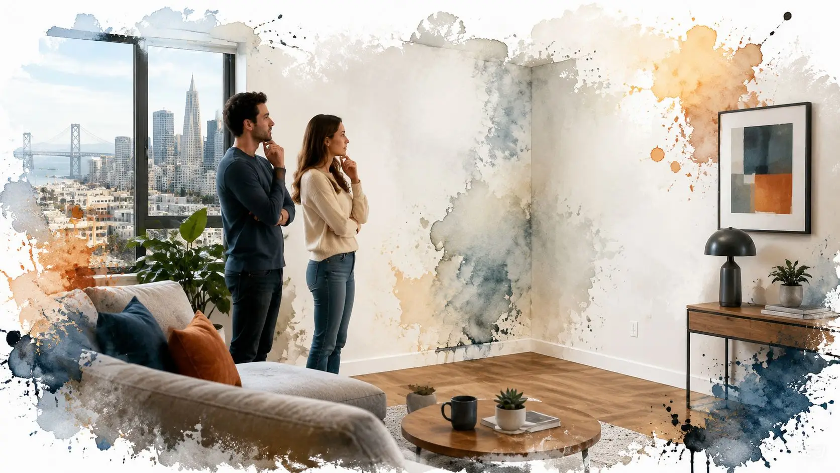 A couple standing in a modern living room looking at a wall with abstract watercolor paint design.