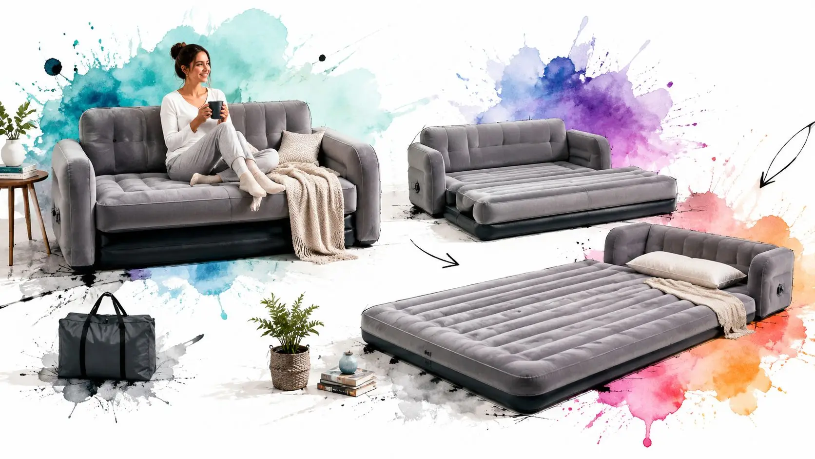 A woman sits on an inflatable grey sofa bed that transforms into a comfortable flat sleeping mattress.
