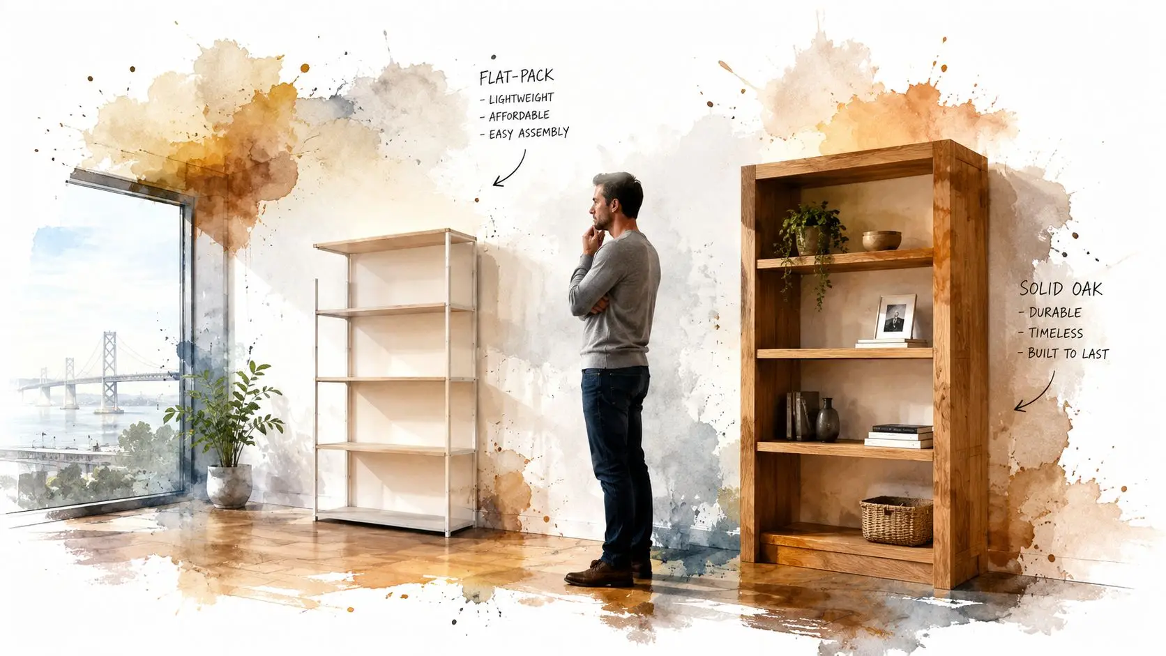 A man contemplates choosing between a modern flat-pack shelving unit and a durable solid oak bookcase.