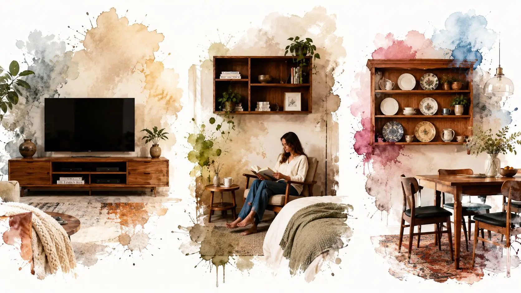 Three artistic watercolor scenes featuring solid wood shelving units, a living room, a reading nook, and dining area.