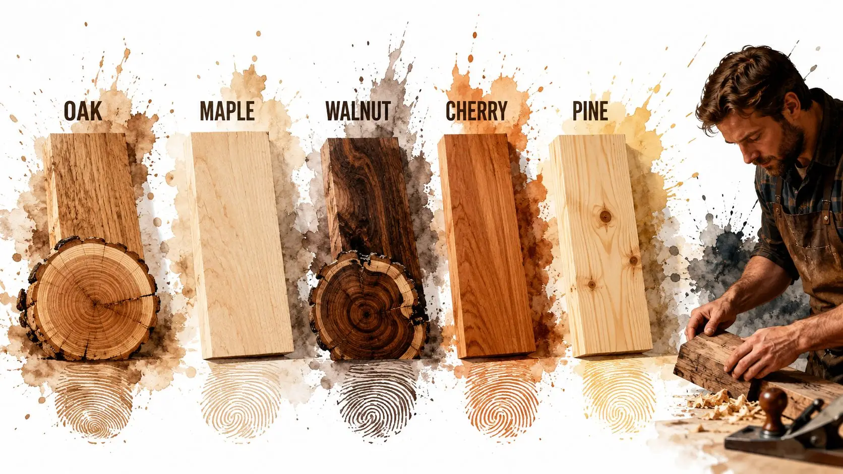 A carpenter works with wood while five distinct wood samples including oak, maple, walnut, cherry, and pine are displayed.