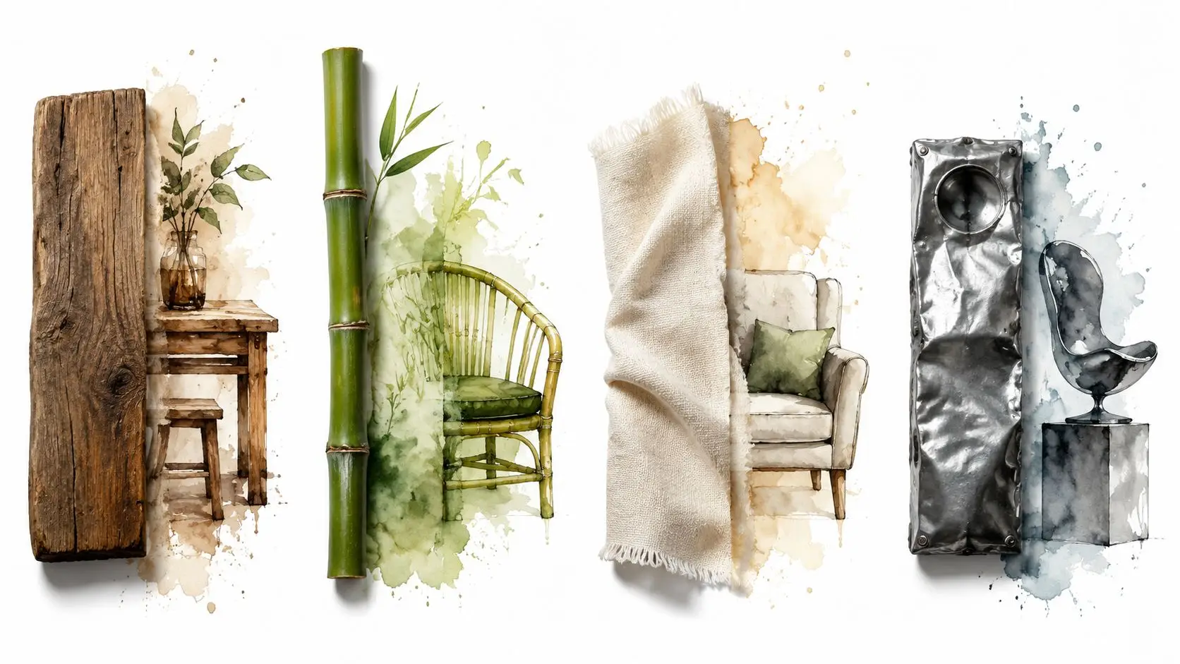 A creative illustration comparing sustainable furniture materials including wood, bamboo, textile fabric, and recycled industrial metal elements.