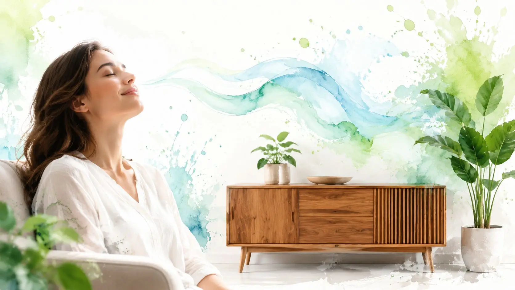 A woman relaxing at home in front of a wooden sideboard and vibrant watercolor wall art.