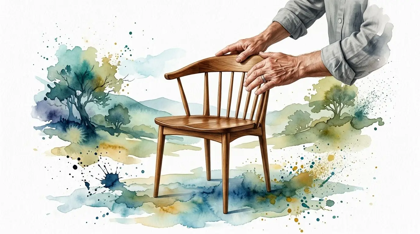 A craftsman's hands gently touching a wooden chair against an artistic watercolor background of rolling hills.