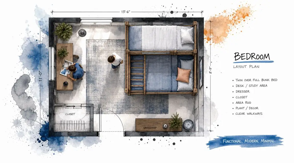 An architectural floor plan design for a bedroom featuring a twin over full bunk bed layout.