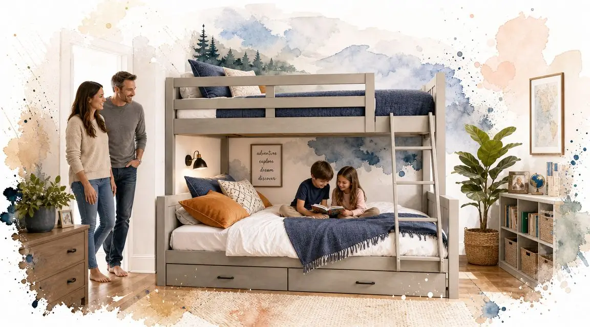 A family stands in a bedroom featuring a gray wooden twin over full bunk bed with storage.