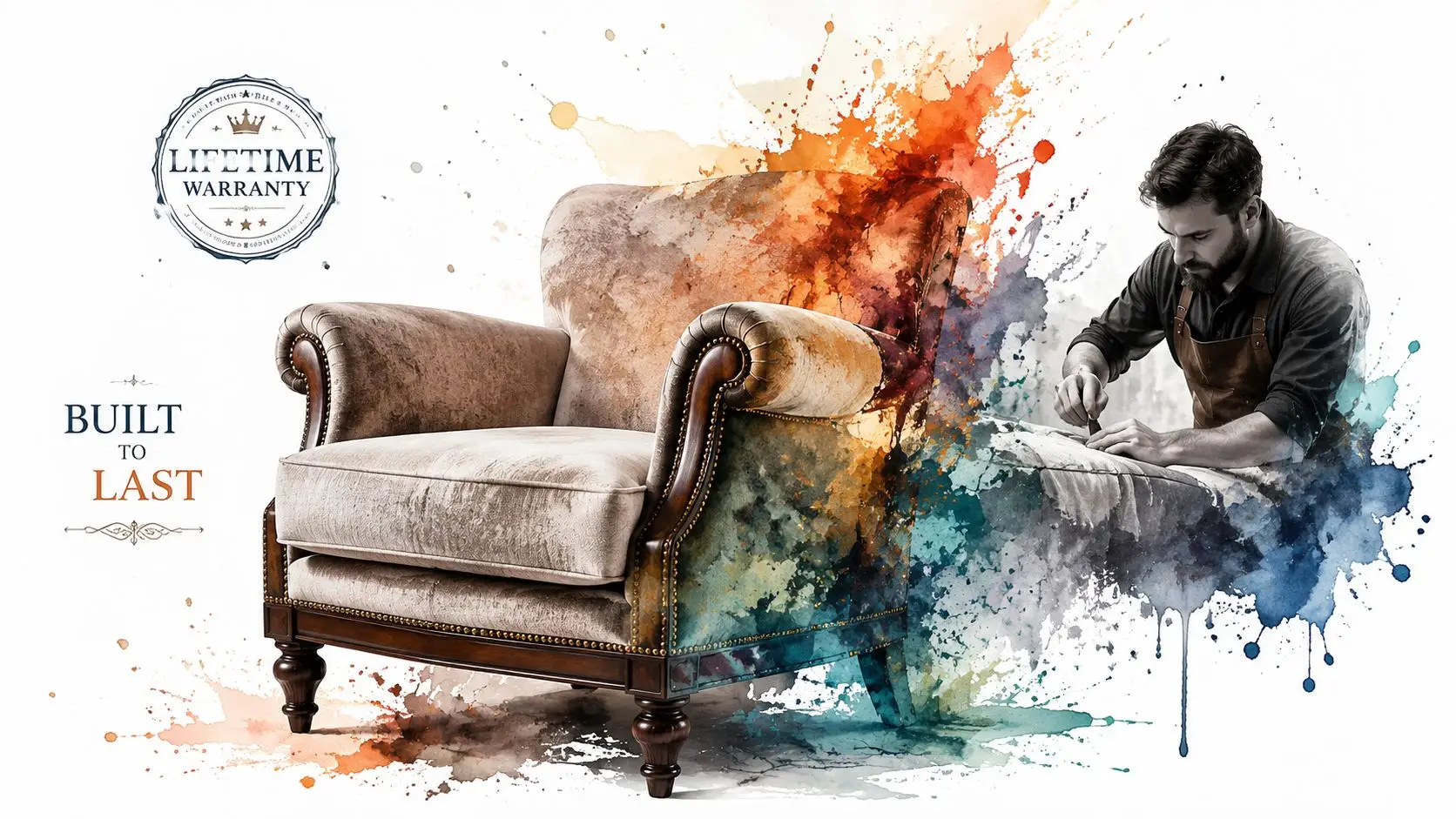 A craftsman works on a vintage armchair surrounded by colorful watercolor splashes on a white background.