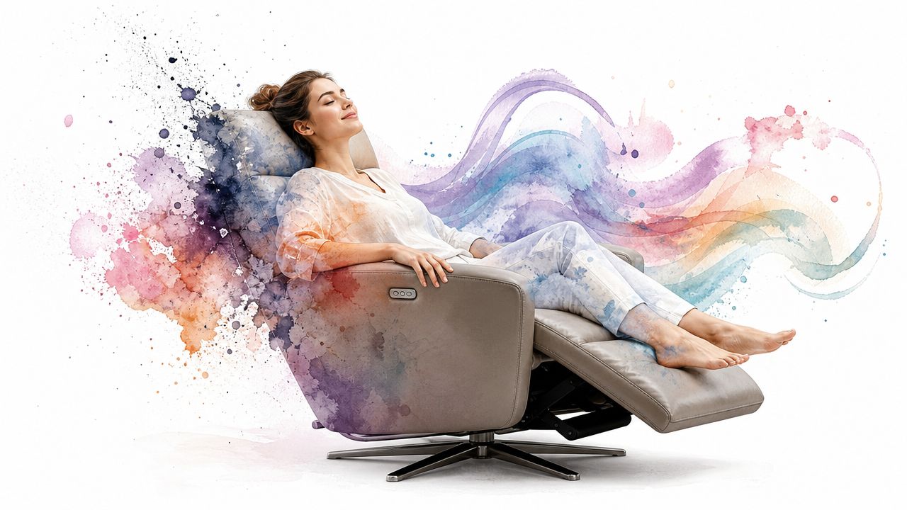 A woman relaxing in a comfortable grey recliner chair with artistic watercolor splashes and flowing colors behind.