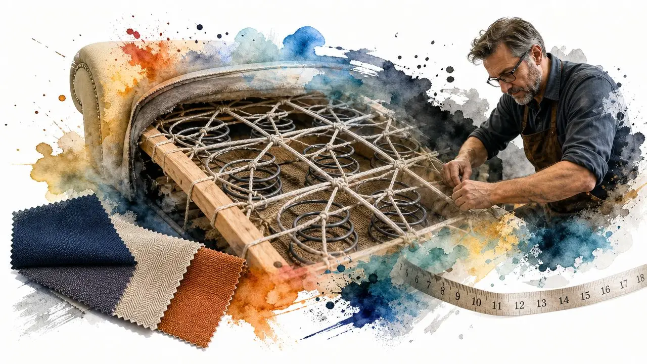 A professional upholsterer working on a sofa frame with metal springs, fabric swatches, and a tape measure.