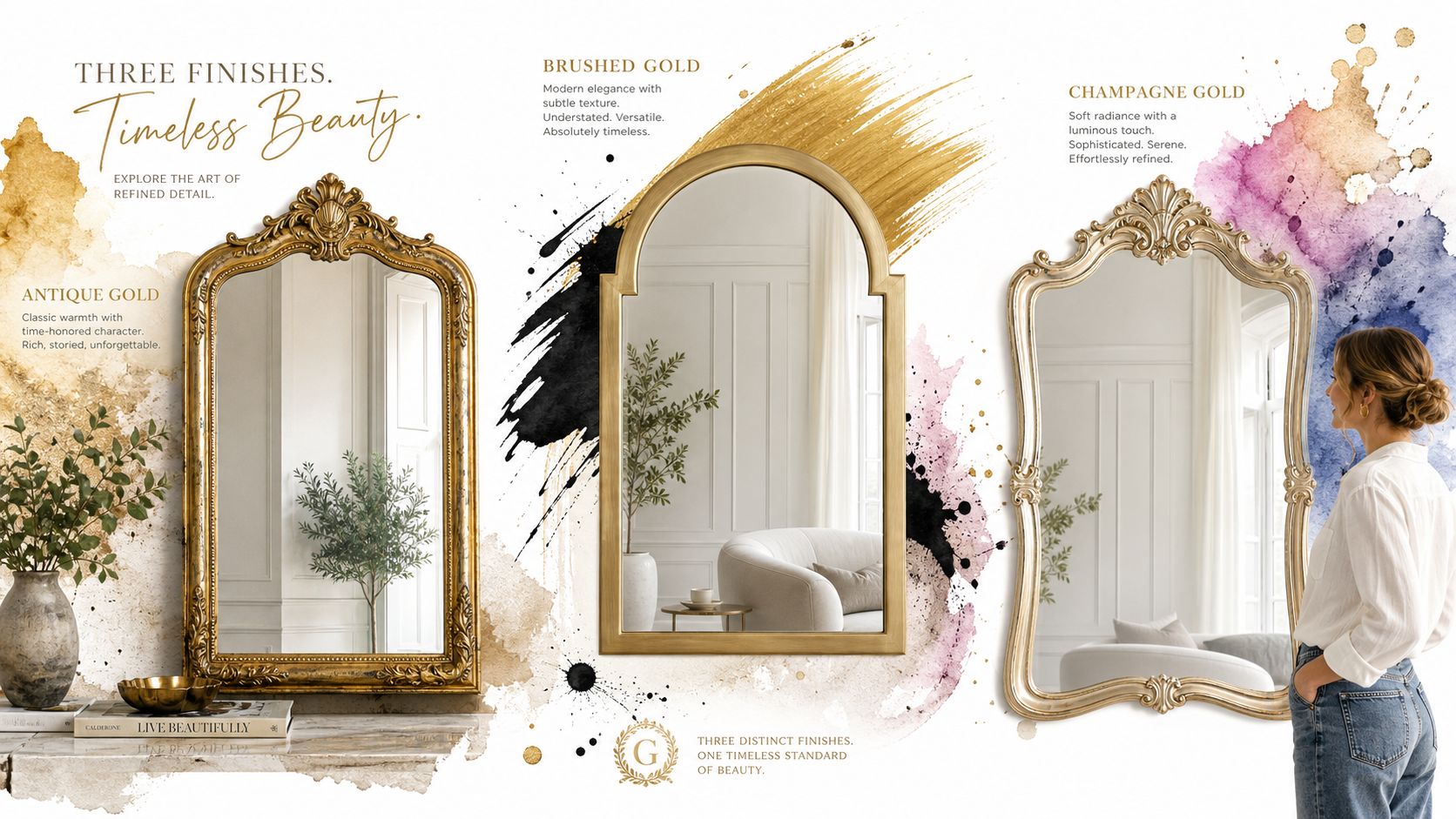 A display featuring three elegant gold-framed mirrors showcasing different finishes: Antique Gold, Brushed Gold, and Champagne Gold.
