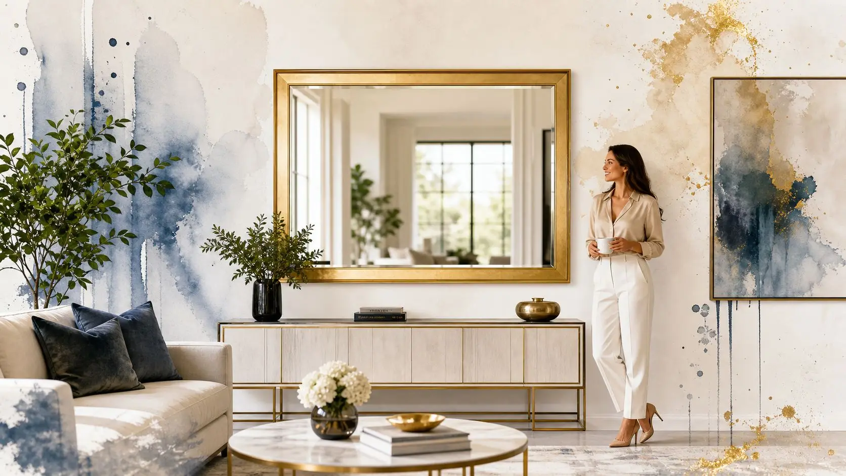 A woman holding a cup stands in a luxury living room beside a large gold-framed wall mirror.