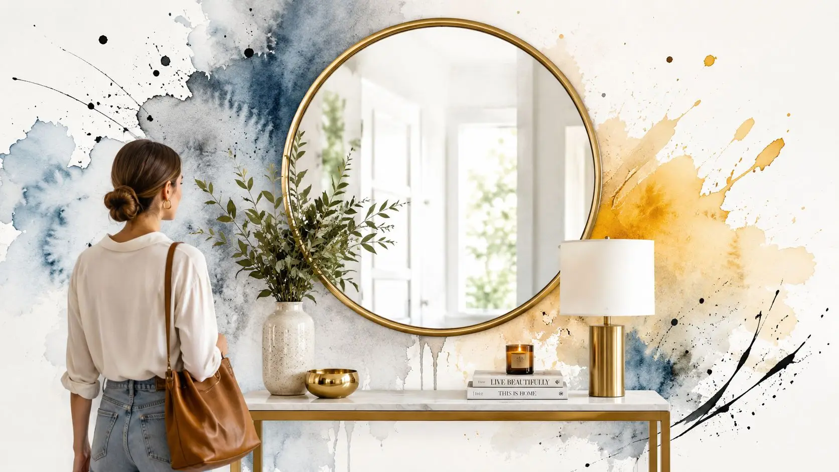 A woman stands before an elegant entryway featuring a round gold mirror, white console table, and abstract watercolor wallpaper.