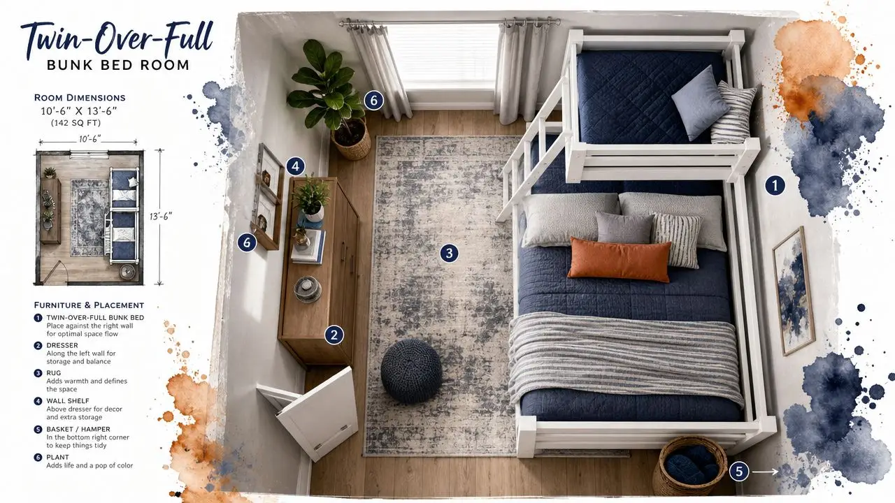 A top-down view of a bedroom interior featuring a white twin-over-full bunk bed, dresser, and rug.