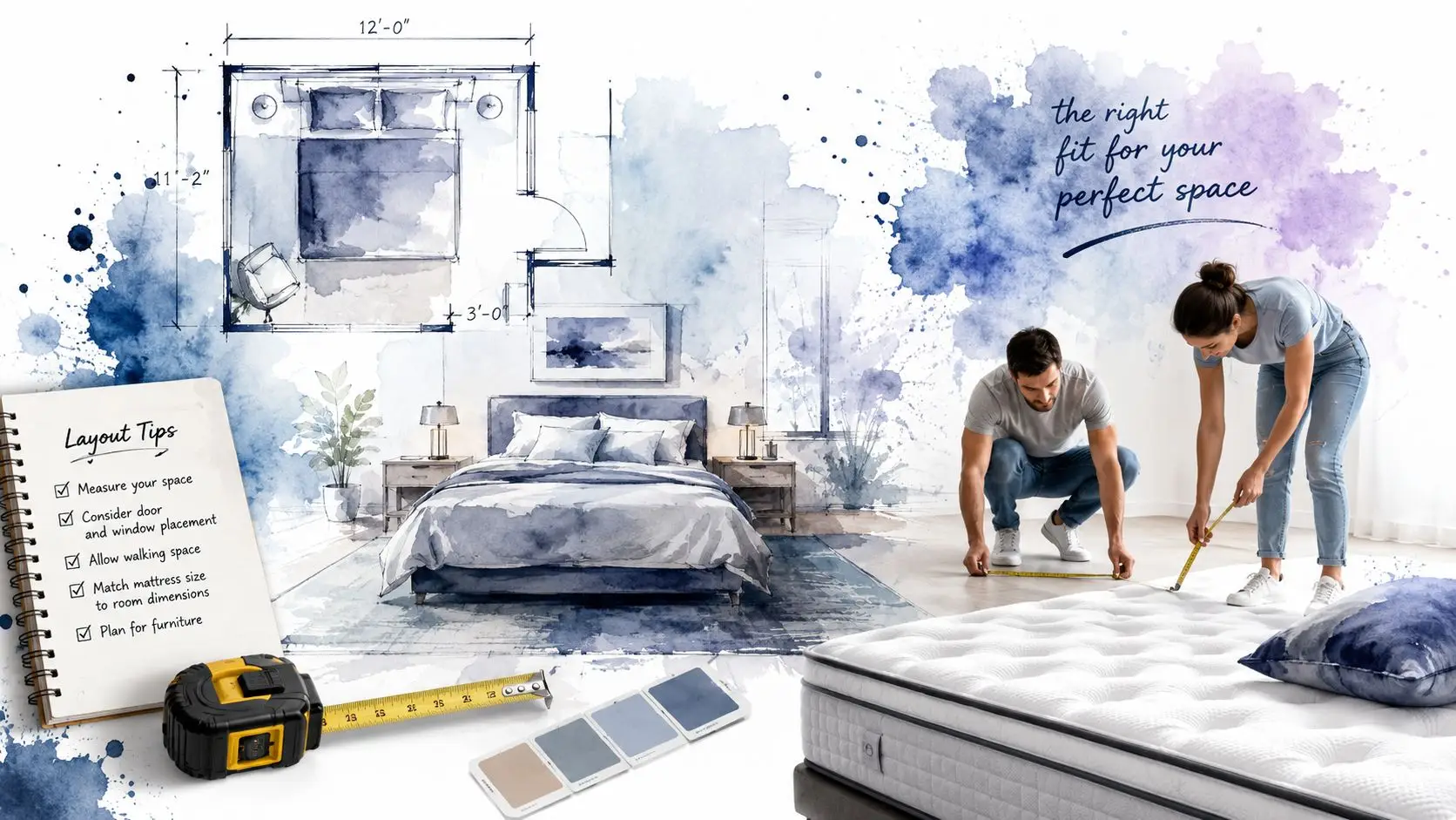 A couple measuring a mattress in a room illustrated with a bedroom floor plan layout guide.