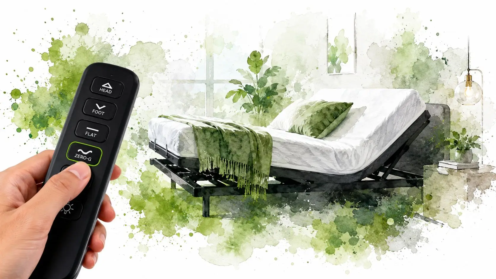A hand holding a remote control to adjust an adjustable bed in a stylish green bedroom setting.