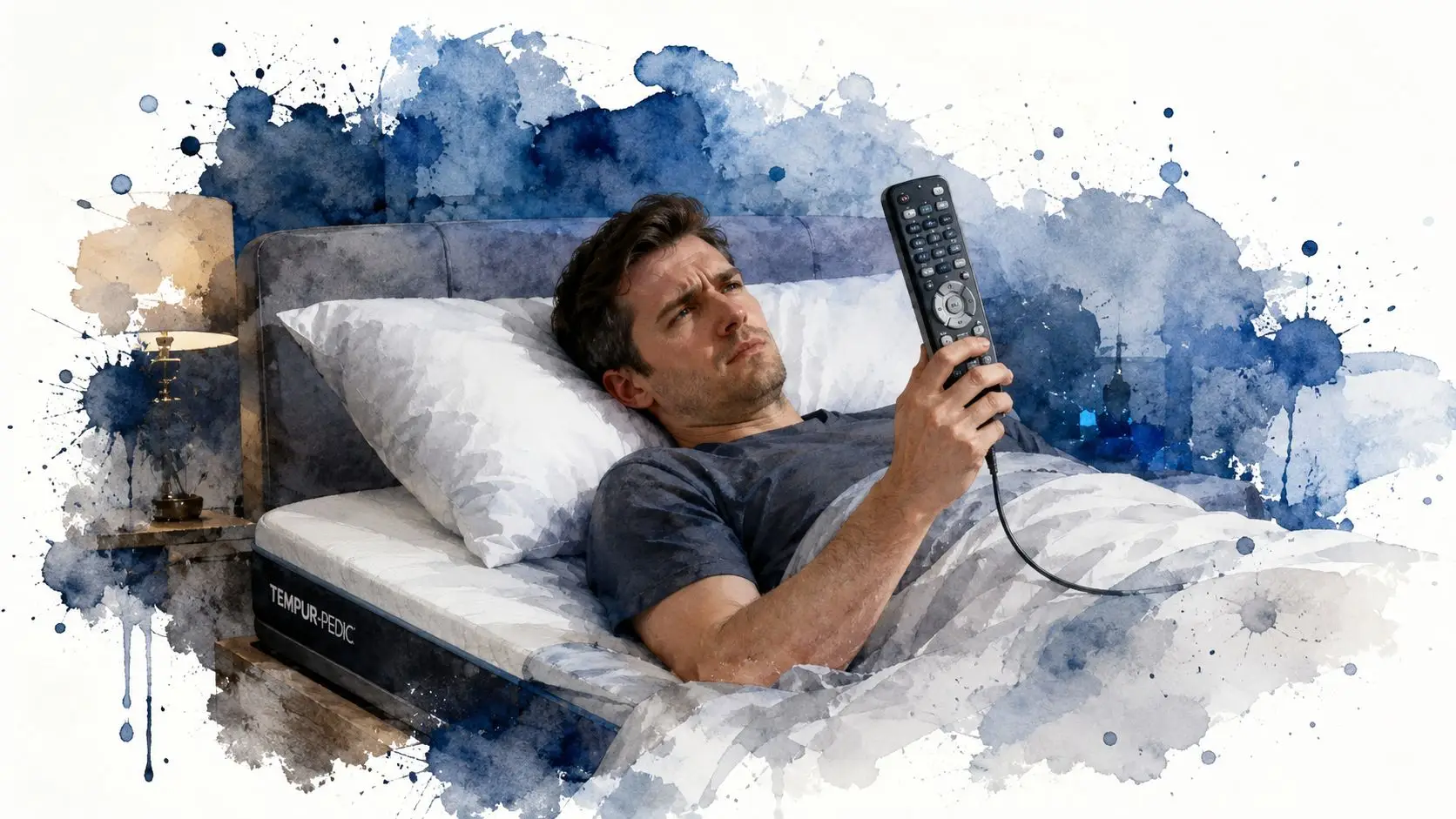 A man lying in a bed relaxing in a zero gravity position while holding a remote control.