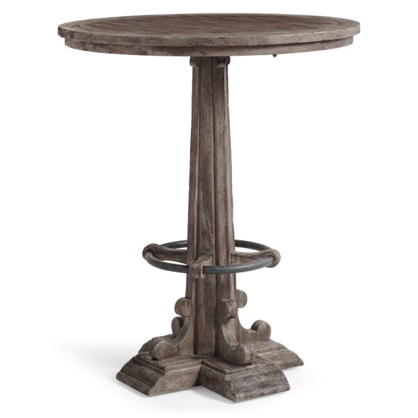 Rustic round wooden bar table with fluted pedestal base.
