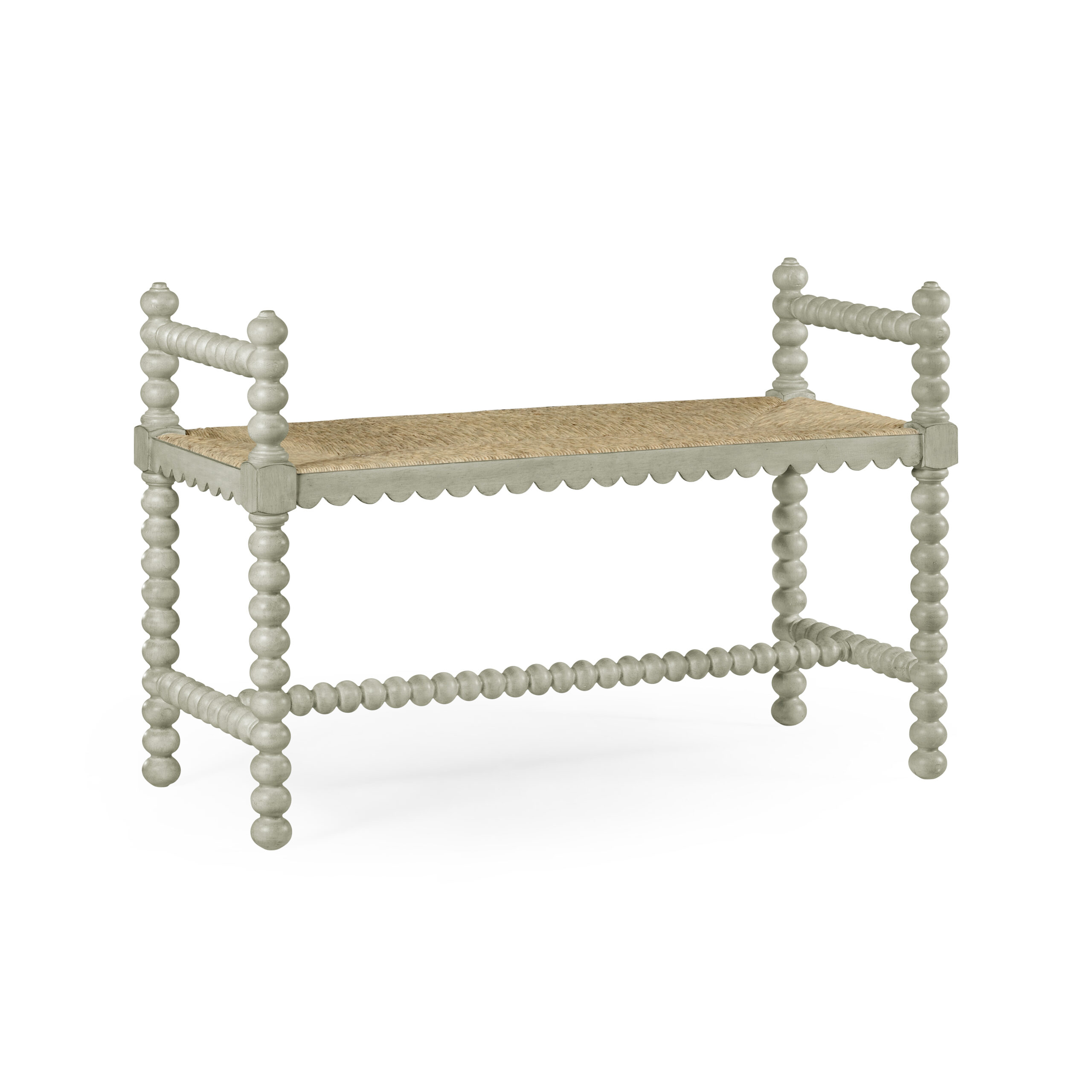 bellingham country grey bench Light grey spindle bench with a woven seagrass seat.