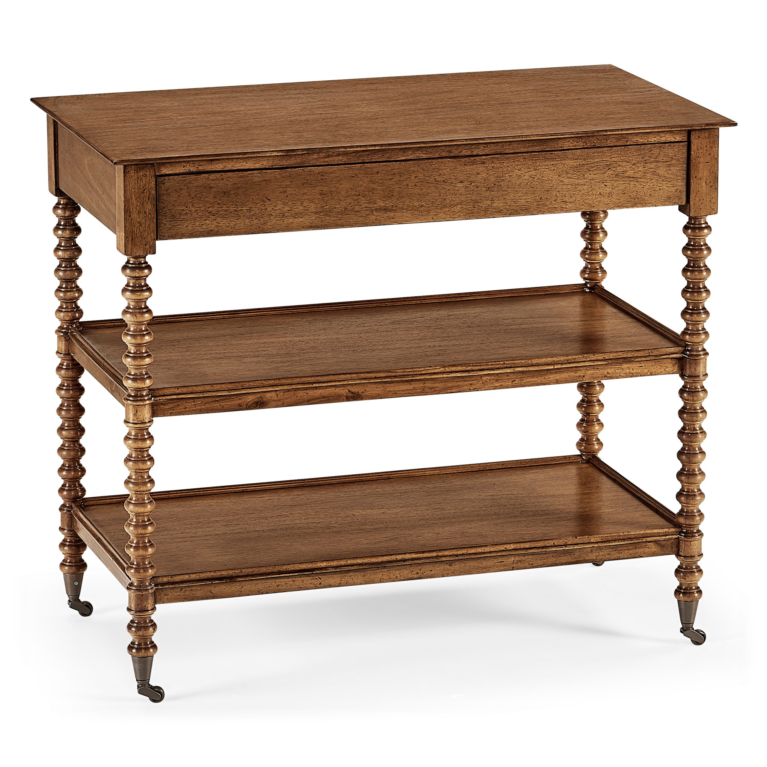 tormarton grey fruitwood end table Wooden three-tier kitchen cart with spindle legs and casters.