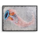 Colorful jellyfish artwork with pink tentacles on silver background.