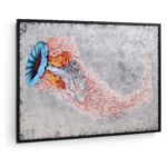Framed wall art of a colorful jellyfish on silver background.