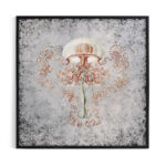 Framed vintage-style jellyfish illustration on textured silver background.