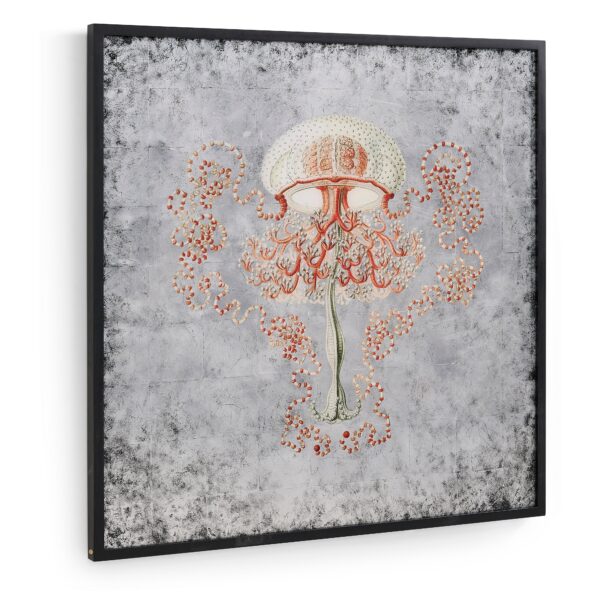 Framed jellyfish art on textured silver leaf background.