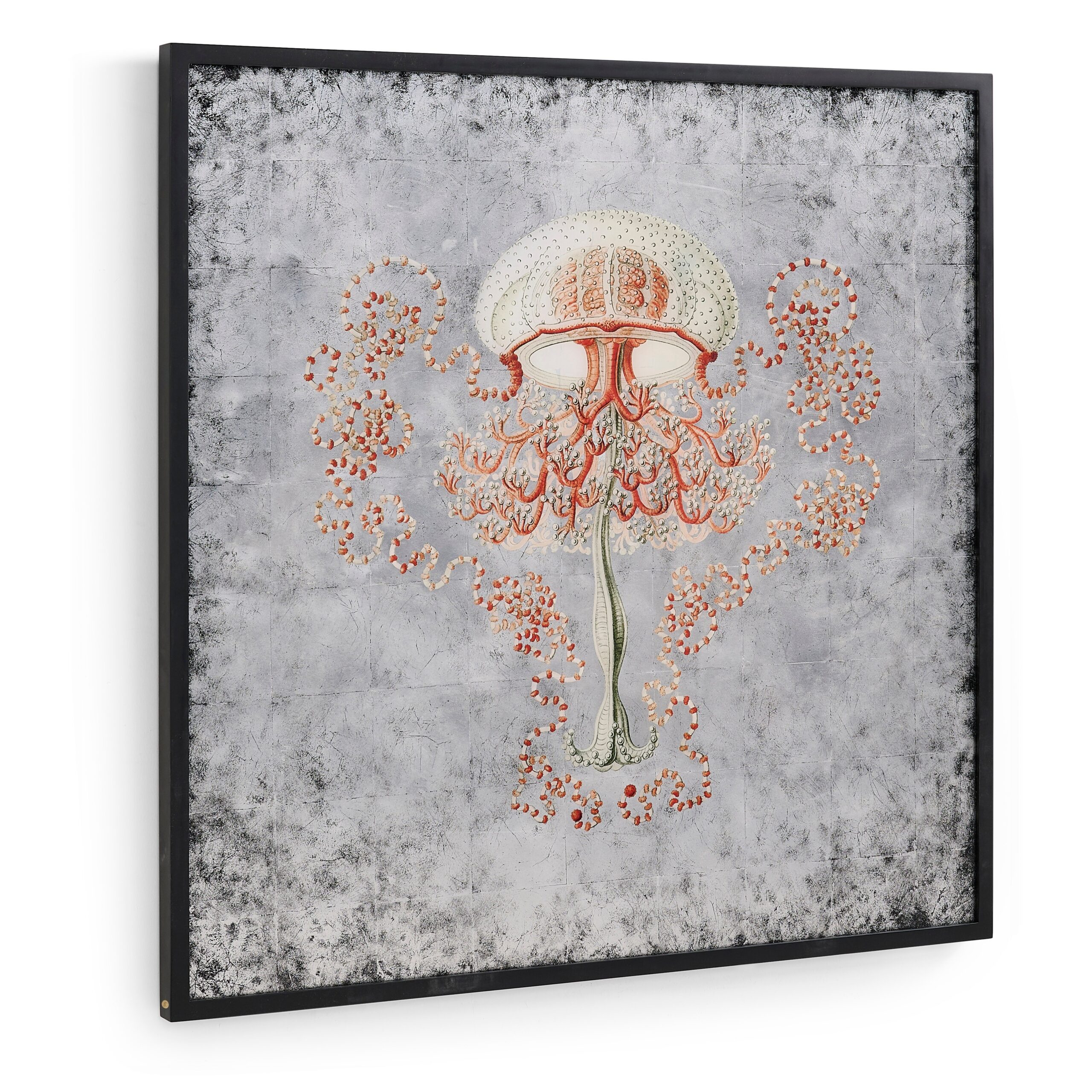 luminescence of the deep no.1 wall art Framed jellyfish art on textured silver leaf background.