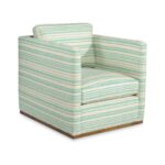 Square upholstered armchair with teal and cream horizontal stripes.