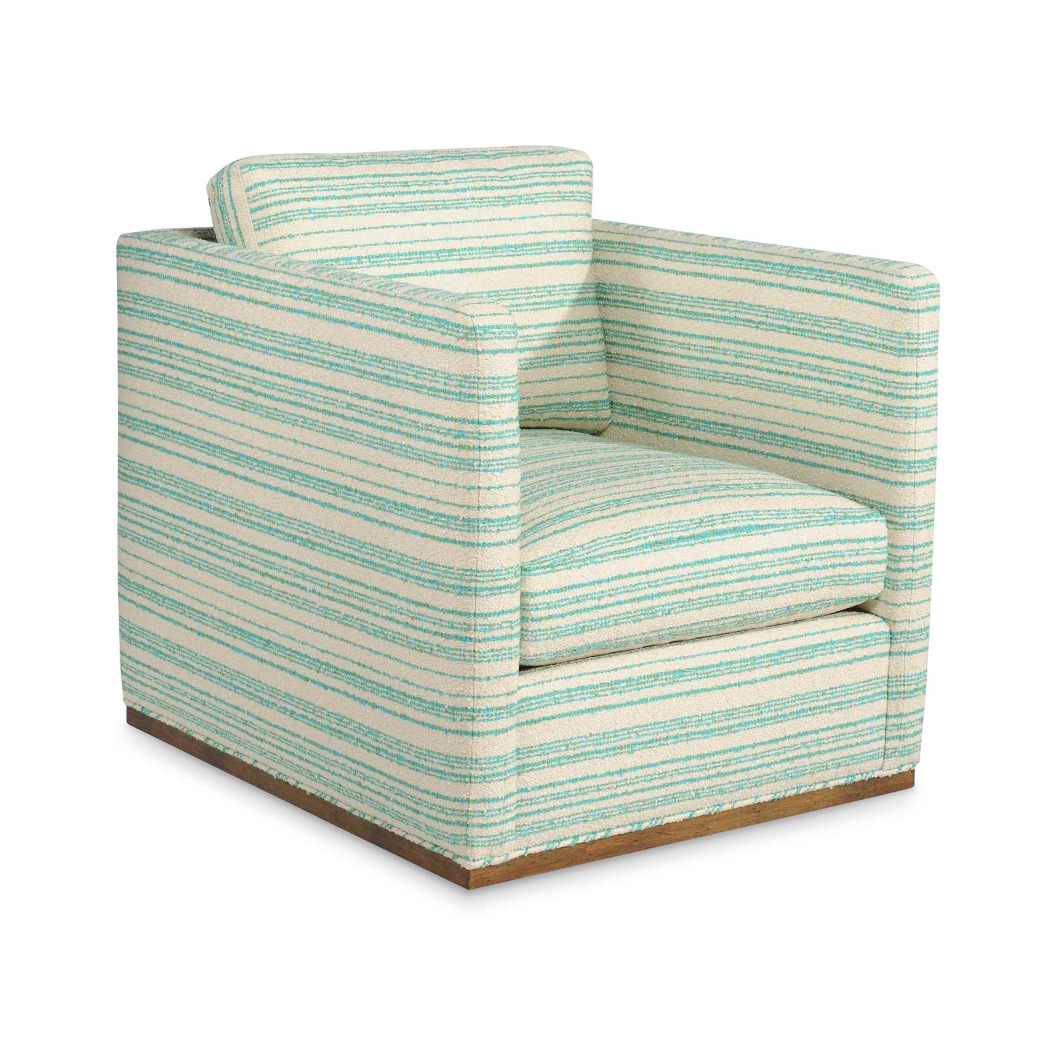 adelle swivel chair Square upholstered armchair with teal and cream horizontal stripes.