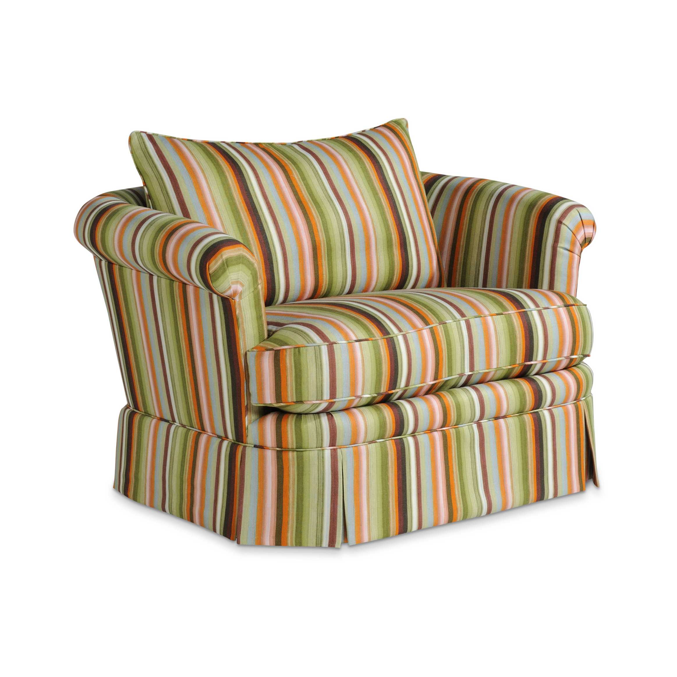 adriana chair and a half Colorful striped upholstered armchair with rolled arms.