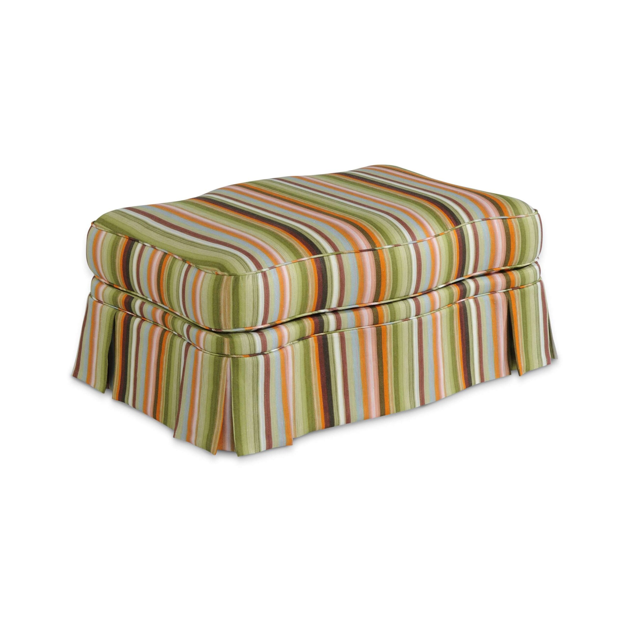 adriana ottoman Striped upholstered rectangular ottoman with a pleated skirt.