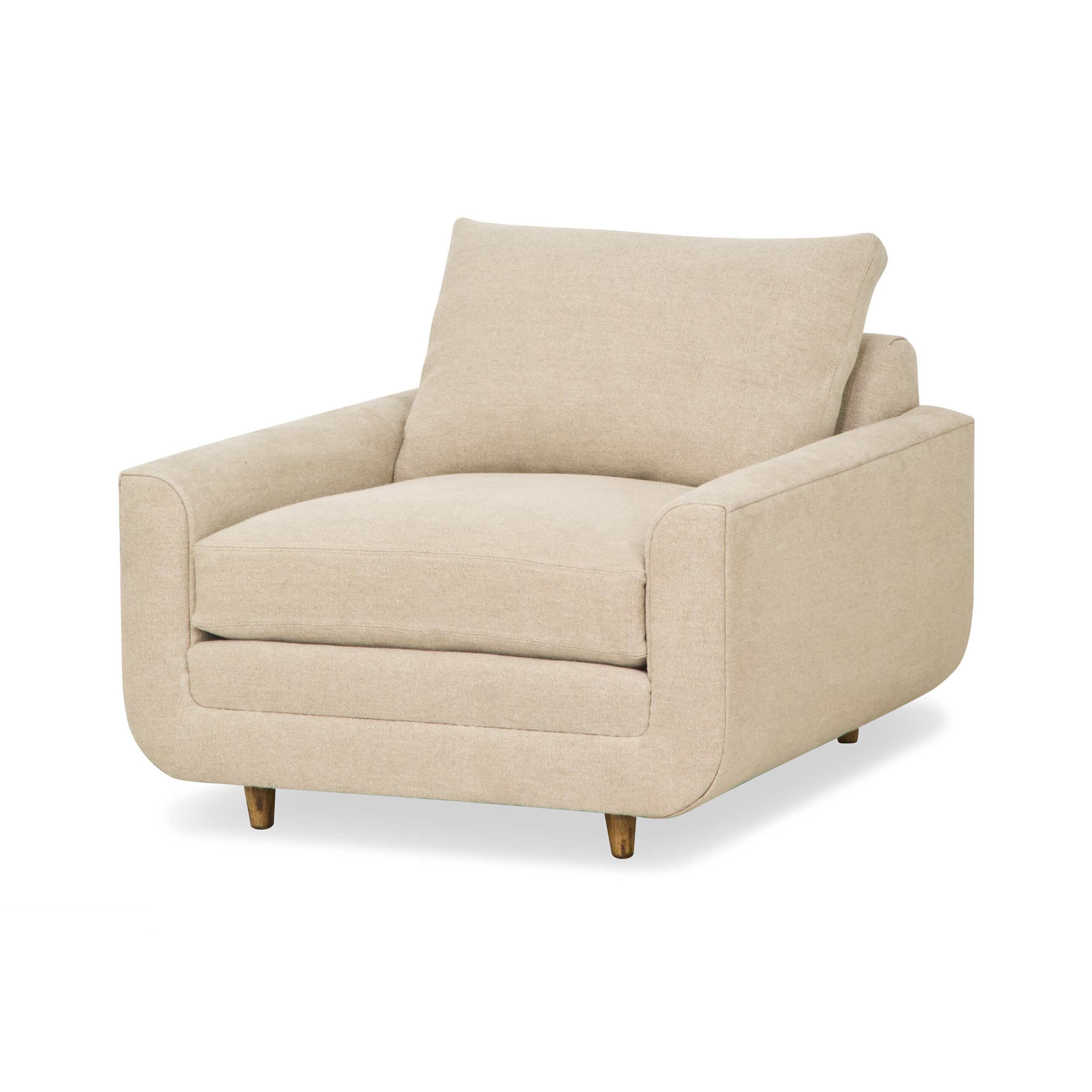 architect chair Modern beige upholstered armchair with small wooden legs.