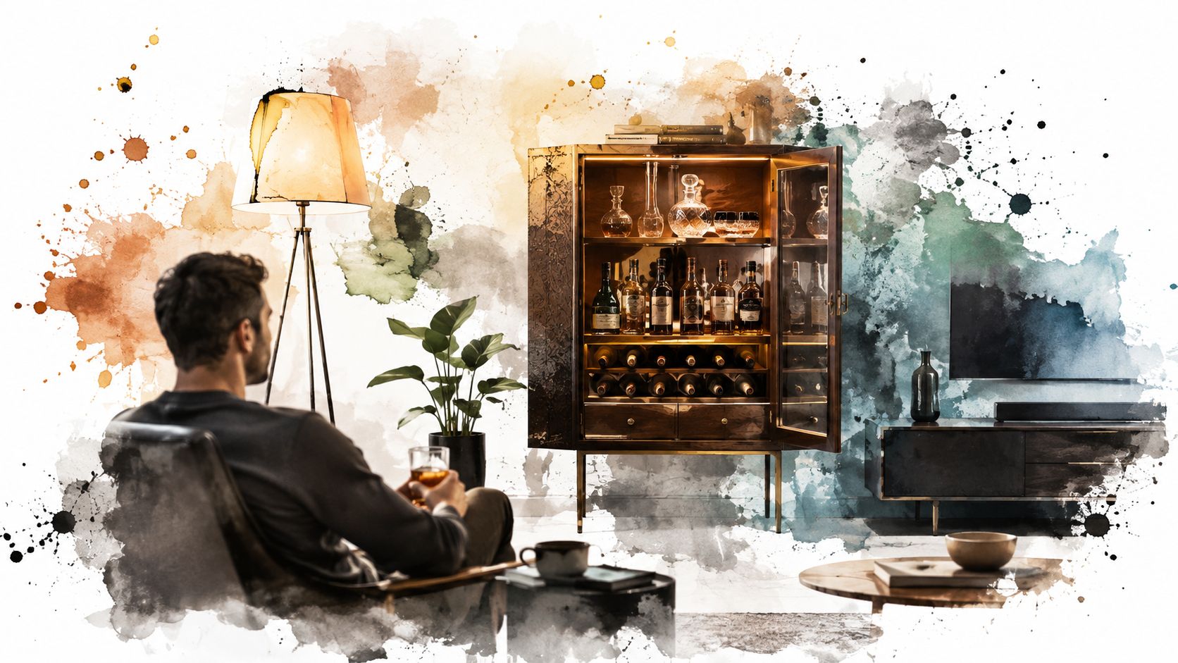 A man relaxing in a chair with a drink in a modern living room featuring a bar cabinet.