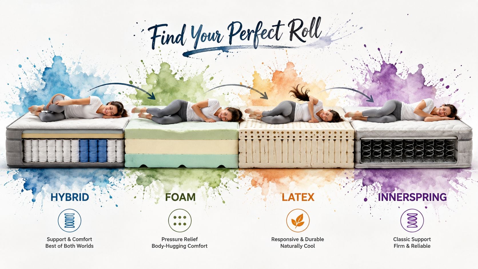 Four different types of mattresses shown with people sleeping on them to compare hybrid, foam, latex, and innerspring models.