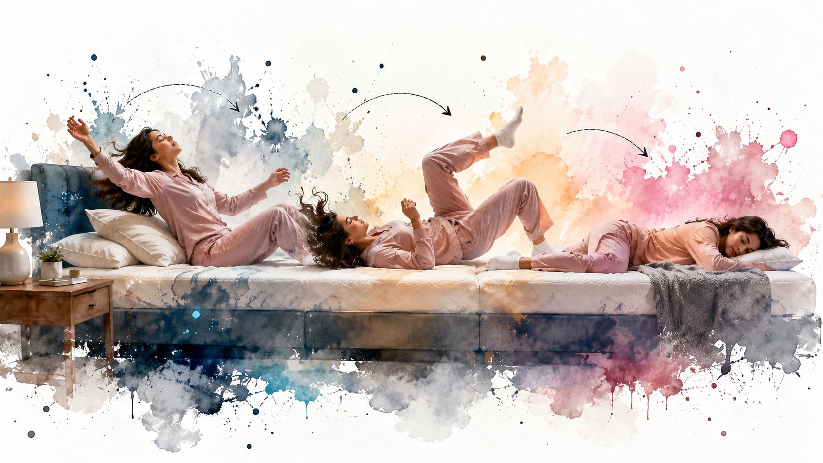 A watercolor-style illustration showing a woman moving through different sleeping positions on a comfortable white mattress.