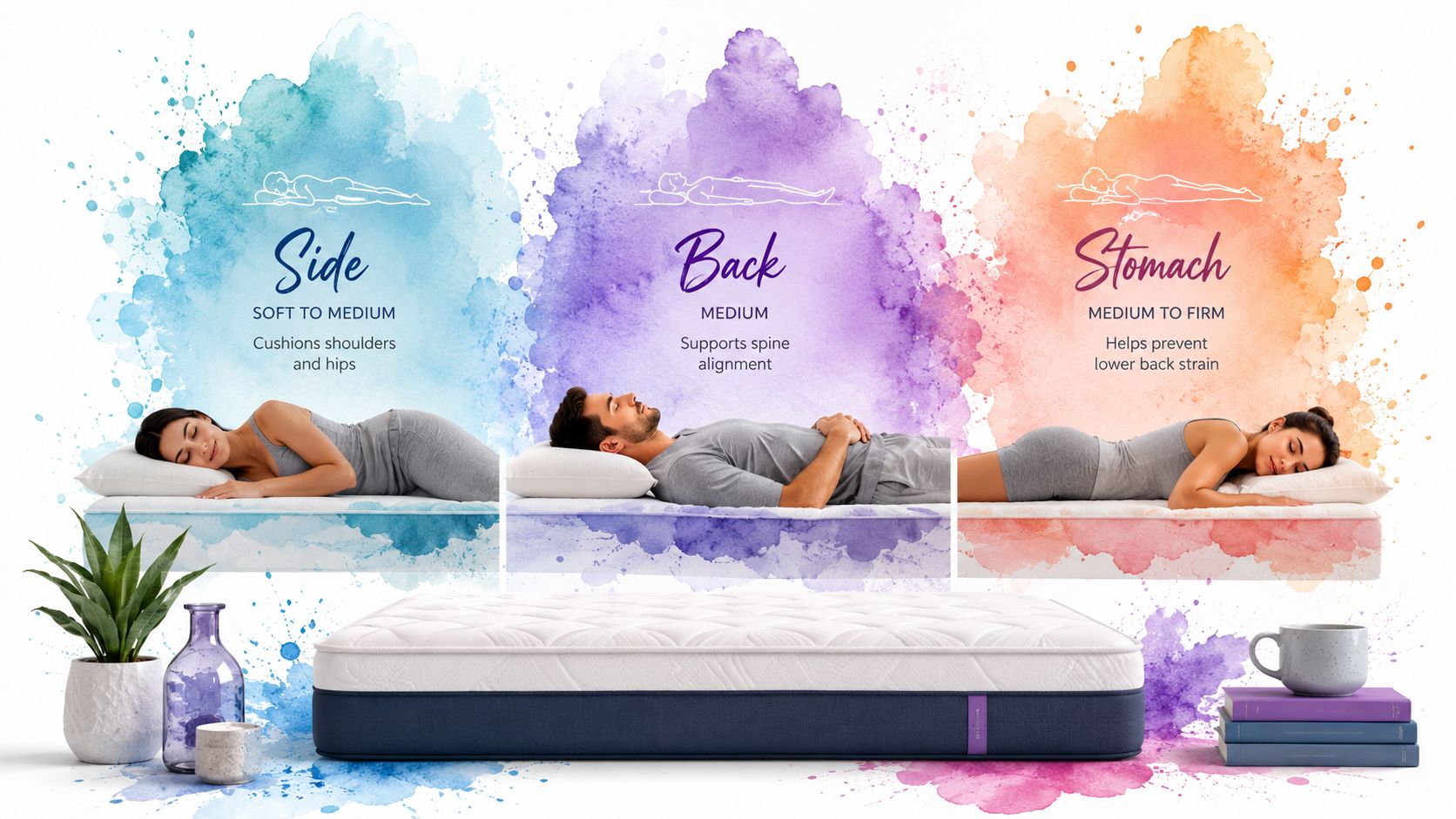 A mattress promotional image illustrating mattress firmness options for side, back, and stomach sleepers with colorful watercolor accents.