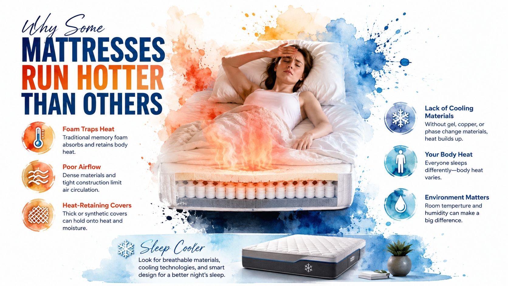 An infographic showing why some mattresses trap heat, featuring a woman sleeping on a hot mattress.