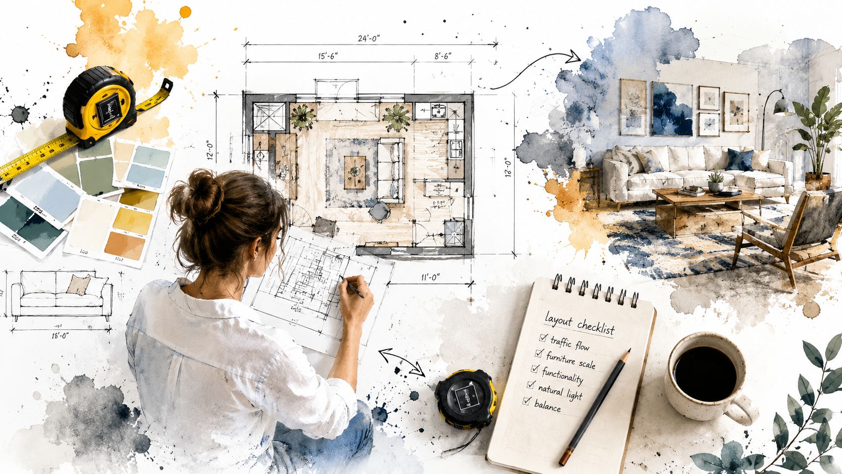 A professional interior designer sketching a floor plan while reviewing a furniture layout checklist at her desk.