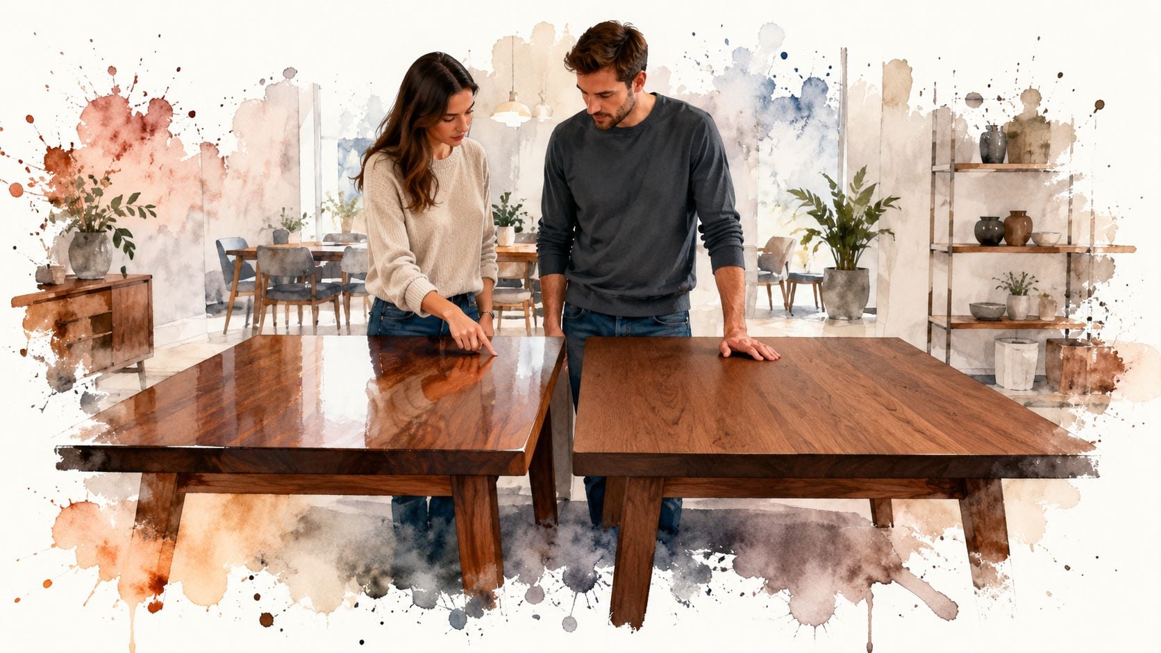 A couple compares two different wooden dining tables in a furniture store with distinct surface finishes.