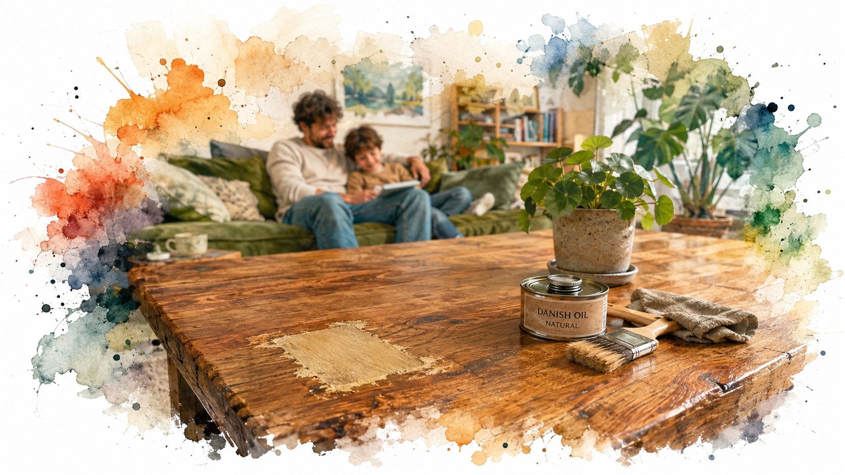 A rustic wooden coffee table being treated with Danish oil, with a man and child relaxing in background.