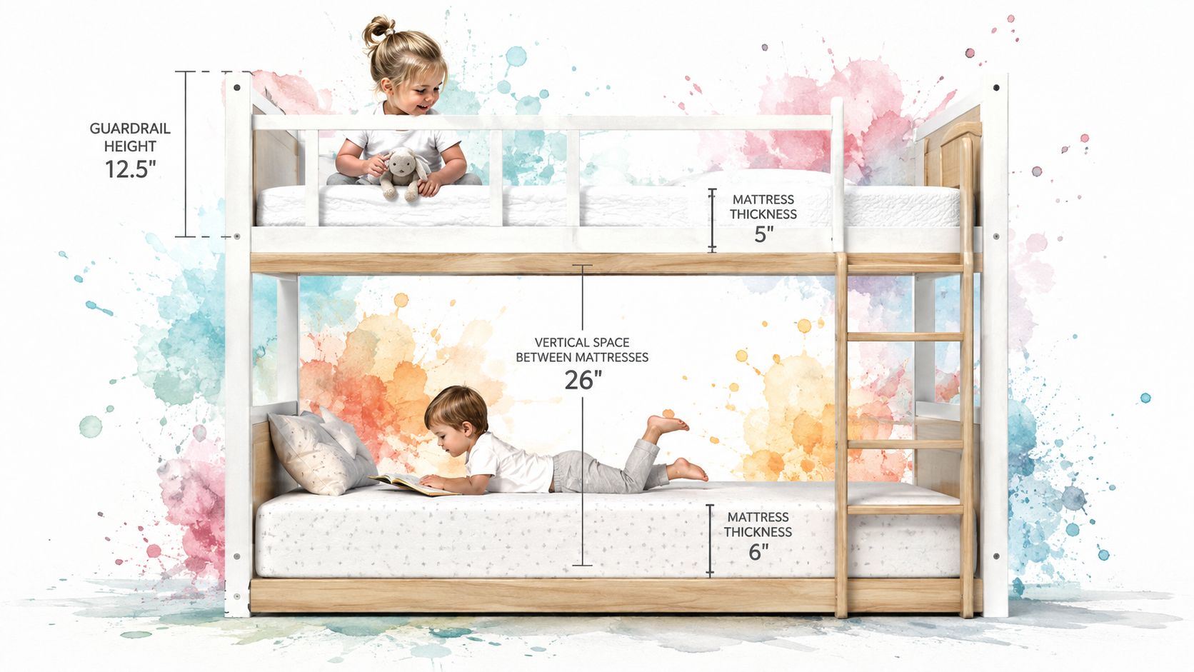 Two young children playing in a modern white and wooden two-tier bunk bed with measurement labels.