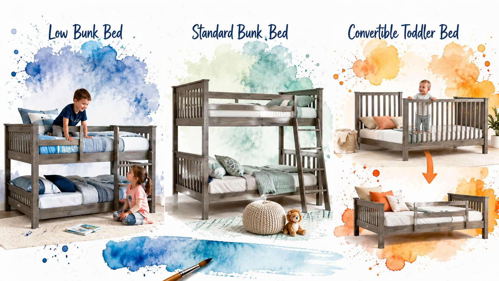 A product collage showing a low bunk bed, a standard bunk bed, and a convertible toddler bed.