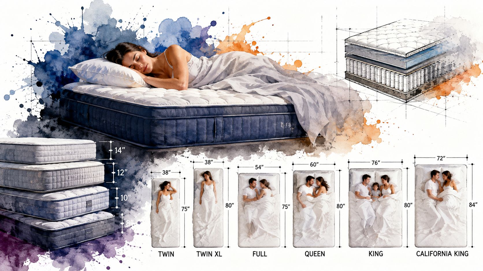 A diagram comparing standard mattress sizes with dimensions including width and length for various bed types.